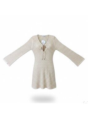 Anrabess Women Beige Long Sleeve Knit Tunic With Tie Neck Size S